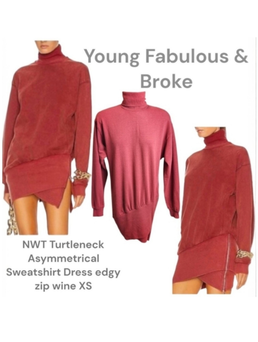 Young Fabulous & Broke Women's Turtleneck Asymmetrical Sweatshirt Mini Dress XS